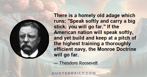 There is a homely old adage which runs: Speak softly and carry a big stick; you will go far. If the American nation will speak softly, and yet build and keep at a pitch of the highest training a thoroughly efficient