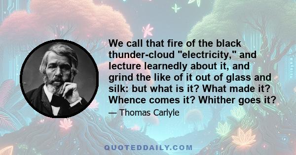 We call that fire of the black thunder-cloud electricity, and lecture learnedly about it, and grind the like of it out of glass and silk: but what is it? What made it? Whence comes it? Whither goes it?