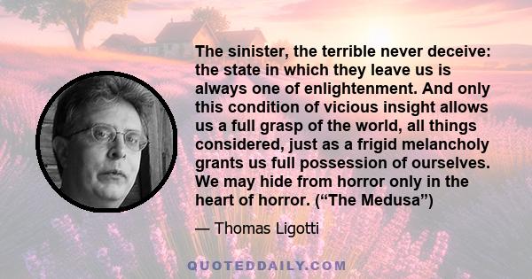 The sinister, the terrible never deceive: the state in which they leave us is always one of enlightenment. And only this condition of vicious insight allows us a full grasp of the world, all things considered, just as a 