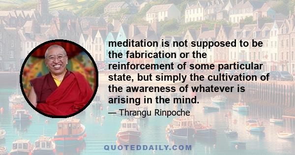 meditation is not supposed to be the fabrication or the reinforcement of some particular state, but simply the cultivation of the awareness of whatever is arising in the mind.