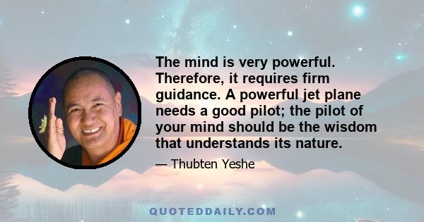 The mind is very powerful. Therefore, it requires firm guidance. A powerful jet plane needs a good pilot; the pilot of your mind should be the wisdom that understands its nature.