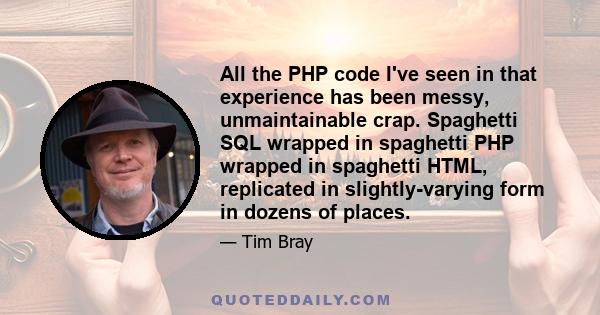 All the PHP code I've seen in that experience has been messy, unmaintainable crap. Spaghetti SQL wrapped in spaghetti PHP wrapped in spaghetti HTML, replicated in slightly-varying form in dozens of places.