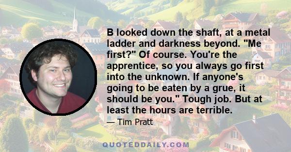 B looked down the shaft, at a metal ladder and darkness beyond. Me first? Of course. You're the apprentice, so you always go first into the unknown. If anyone's going to be eaten by a grue, it should be you. Tough job.