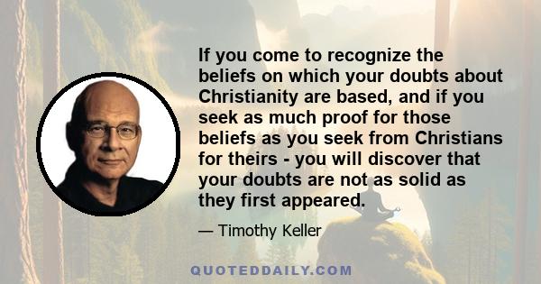 If you come to recognize the beliefs on which your doubts about Christianity are based, and if you seek as much proof for those beliefs as you seek from Christians for theirs - you will discover that your doubts are not 