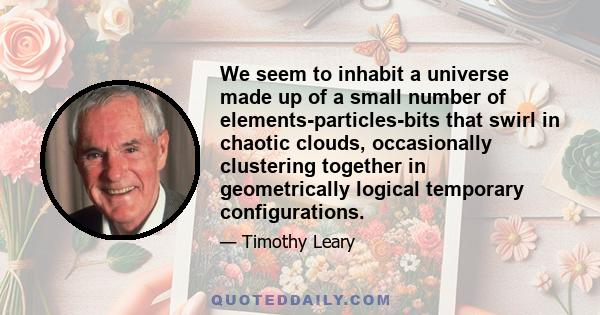 We seem to inhabit a universe made up of a small number of elements-particles-bits that swirl in chaotic clouds, occasionally clustering together in geometrically logical temporary configurations.