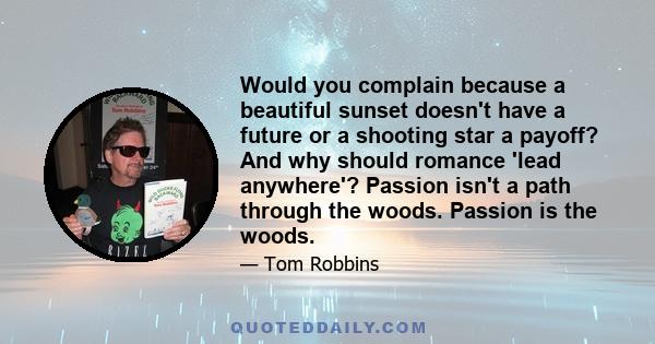 Would you complain because a beautiful sunset doesn't have a future or a shooting star a payoff? And why should romance 'lead anywhere'? Passion isn't a path through the woods. Passion is the woods.