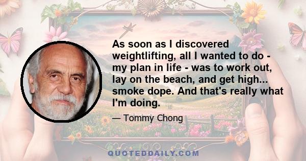 As soon as I discovered weightlifting, all I wanted to do - my plan in life - was to work out, lay on the beach, and get high... smoke dope. And that's really what I'm doing.