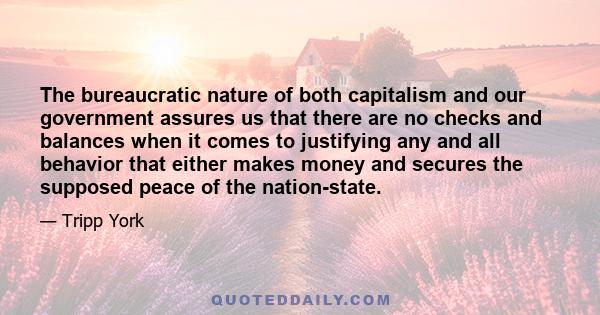 The bureaucratic nature of both capitalism and our government assures us that there are no checks and balances when it comes to justifying any and all behavior that either makes money and secures the supposed peace of