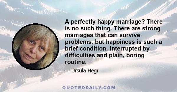 A perfectly happy marriage? There is no such thing. There are strong marriages that can survive problems, but happiness is such a brief condition, interrupted by difficulties and plain, boring routine.