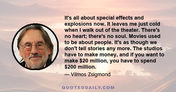 It's all about special effects and explosions now. It leaves me just cold when I walk out of the theater. There's no heart; there's no soul. Movies used to be about people. It's as though we don't tell stories any more. 