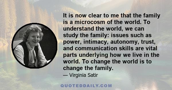 It is now clear to me that the family is a microcosm of the world. To understand the world, we can study the family: issues such as power, intimacy, autonomy, trust, and communication skills are vital parts underlying