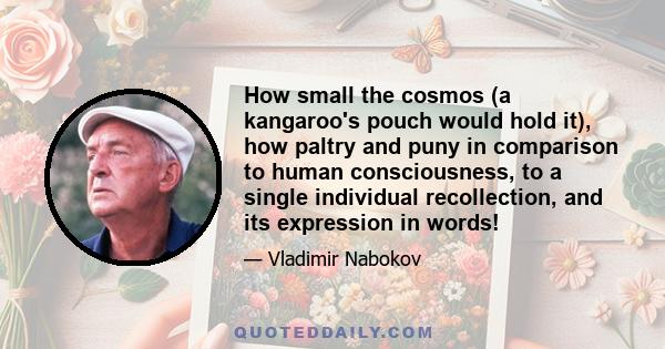 How small the cosmos (a kangaroo's pouch would hold it), how paltry and puny in comparison to human consciousness, to a single individual recollection, and its expression in words!