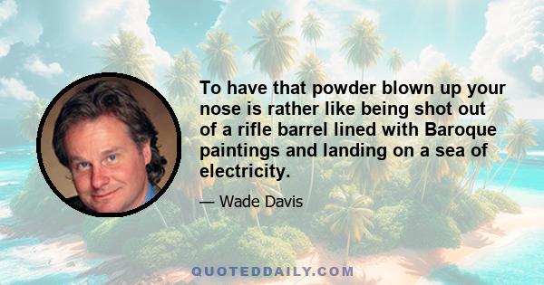 To have that powder blown up your nose is rather like being shot out of a rifle barrel lined with Baroque paintings and landing on a sea of electricity.