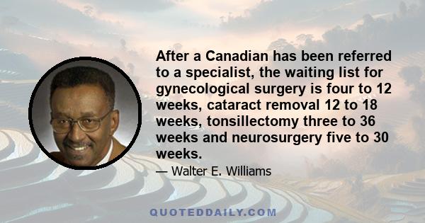 After a Canadian has been referred to a specialist, the waiting list for gynecological surgery is four to 12 weeks, cataract removal 12 to 18 weeks, tonsillectomy three to 36 weeks and neurosurgery five to 30 weeks.