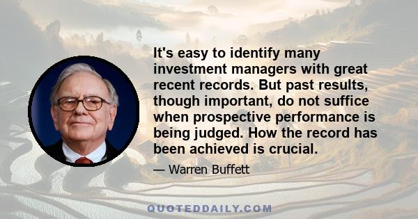 It's easy to identify many investment managers with great recent records. But past results, though important, do not suffice when prospective performance is being judged. How the record has been achieved is crucial.