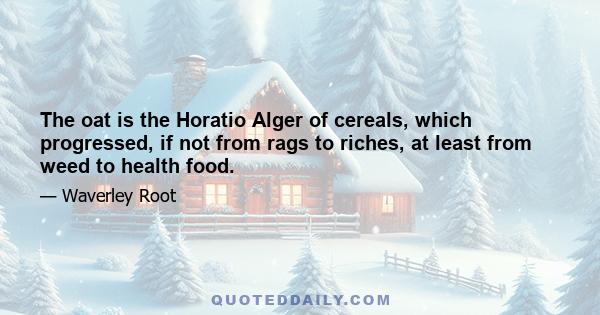 The oat is the Horatio Alger of cereals, which progressed, if not from rags to riches, at least from weed to health food.