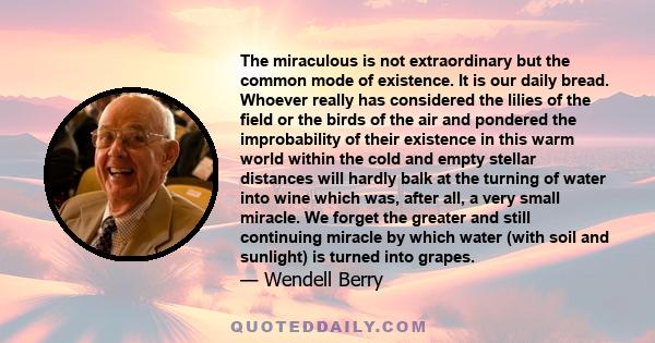 The miraculous is not extraordinary but the common mode of existence. It is our daily bread. Whoever really has considered the lilies of the field or the birds of the air and pondered the improbability of their