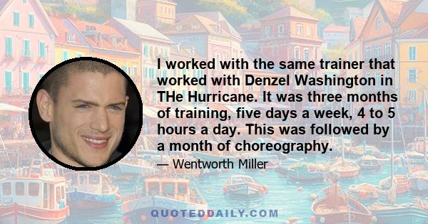 I worked with the same trainer that worked with Denzel Washington in THe Hurricane. It was three months of training, five days a week, 4 to 5 hours a day. This was followed by a month of choreography.