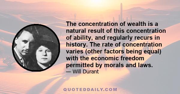 The concentration of wealth is a natural result of this concentration of ability, and regularly recurs in history. The rate of concentration varies (other factors being equal) with the economic freedom permitted by