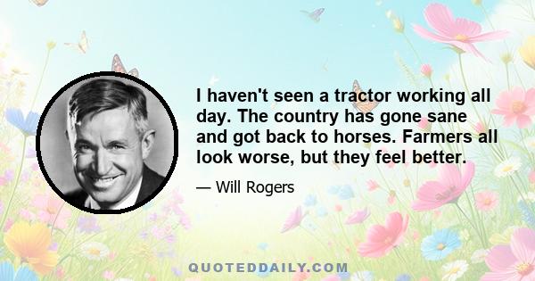 I haven't seen a tractor working all day. The country has gone sane and got back to horses. Farmers all look worse, but they feel better.