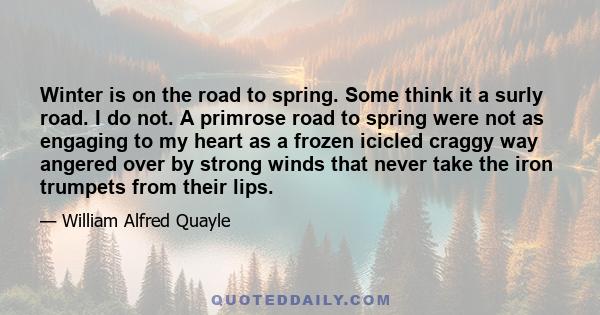 Winter is on the road to spring. Some think it a surly road. I do not. A primrose road to spring were not as engaging to my heart as a frozen icicled craggy way angered over by strong winds that never take the iron