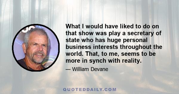 What I would have liked to do on that show was play a secretary of state who has huge personal business interests throughout the world. That, to me, seems to be more in synch with reality.