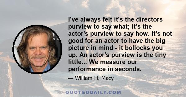 I've always felt it's the directors purview to say what; it's the actor's purview to say how. It's not good for an actor to have the big picture in mind - it bollocks you up. An actor's purview is the tiny little... We