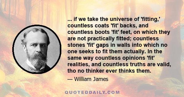 ... if we take the universe of 'fitting,' countless coats 'fit' backs, and countless boots 'fit' feet, on which they are not practically fitted; countless stones 'fit' gaps in walls into which no one seeks to fit them