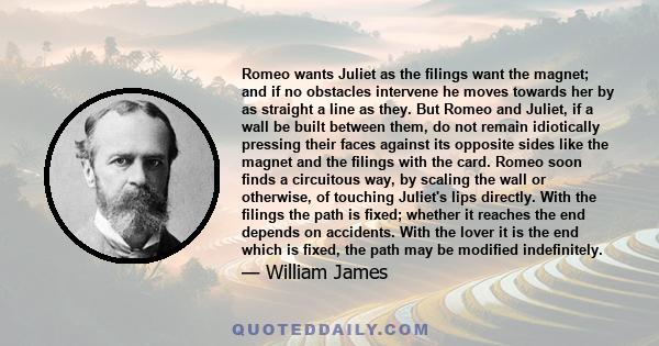 Romeo wants Juliet as the filings want the magnet; and if no obstacles intervene he moves towards her by as straight a line as they. But Romeo and Juliet, if a wall be built between them, do not remain idiotically