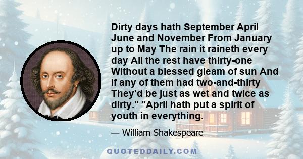 Dirty days hath September April June and November From January up to May The rain it raineth every day All the rest have thirty-one Without a blessed gleam of sun And if any of them had two-and-thirty They'd be just as