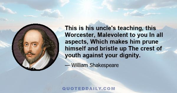 This is his uncle's teaching, this Worcester, Malevolent to you In all aspects, Which makes him prune himself and bristle up The crest of youth against your dignity.