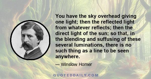 You have the sky overhead giving one light; then the reflected light from whatever reflects; then the direct light of the sun; so that, in the blending and suffusing of these several luminations, there is no such thing