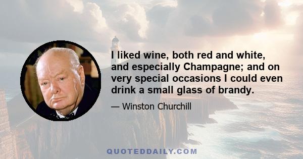 I liked wine, both red and white, and especially Champagne; and on very special occasions I could even drink a small glass of brandy.