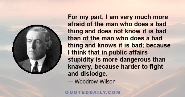 For my part, I am very much more afraid of the man who does a bad thing and does not know it is bad than of the man who does a bad thing and knows it is bad; because I think that in public affairs stupidity is more