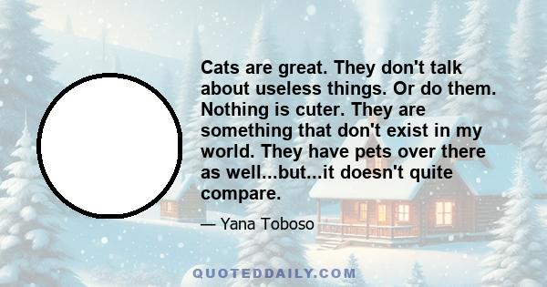 Cats are great. They don't talk about useless things. Or do them. Nothing is cuter. They are something that don't exist in my world. They have pets over there as well...but...it doesn't quite compare.