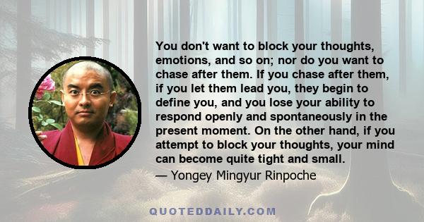 You don't want to block your thoughts, emotions, and so on; nor do you want to chase after them. If you chase after them, if you let them lead you, they begin to define you, and you lose your ability to respond openly