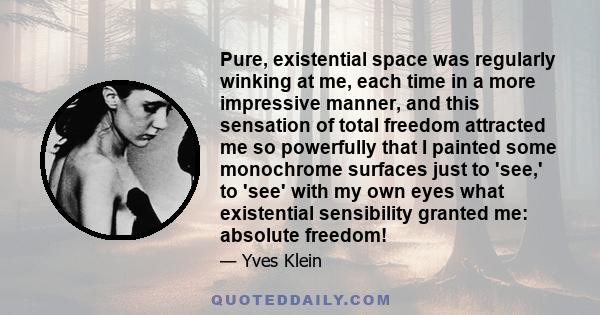 Pure, existential space was regularly winking at me, each time in a more impressive manner, and this sensation of total freedom attracted me so powerfully that I painted some monochrome surfaces just to 'see,' to 'see'