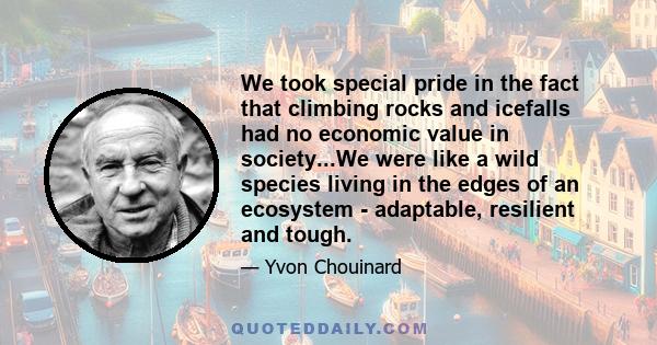 We took special pride in the fact that climbing rocks and icefalls had no economic value in society...We were like a wild species living in the edges of an ecosystem - adaptable, resilient and tough.