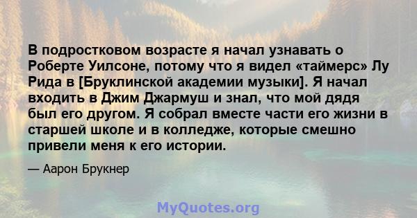 В подростковом возрасте я начал узнавать о Роберте Уилсоне, потому что я видел «таймерс» Лу Рида в [Бруклинской академии музыки]. Я начал входить в Джим Джармуш и знал, что мой дядя был его другом. Я собрал вместе части 