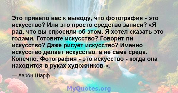 Это привело вас к выводу, что фотография - это искусство? Или это просто средство записи? «Я рад, что вы спросили об этом. Я хотел сказать это годами. Готовите искусство? Говорит ли искусство? Даже рисует искусство?