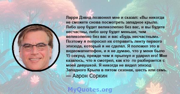 Ларри Дэвид позвонил мне и сказал: «Вы никогда не сможете снова посмотреть западное крыло. Либо шоу будет великолепно без вас, и вы будете несчастны, либо шоу будет меньше, чем великолепно без вас и вас «Будь