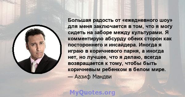 Большая радость от «ежедневного шоу» для меня заключается в том, что я могу сидеть на заборе между культурами. Я комментирую абсурду обеих сторон как постороннего и инсайдера. Иногда я играю в коричневого парня, а