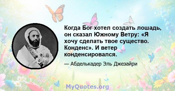 Когда Бог хотел создать лошадь, он сказал Южному Ветру: «Я хочу сделать твое существо. Конденс». И ветер конденсировался.