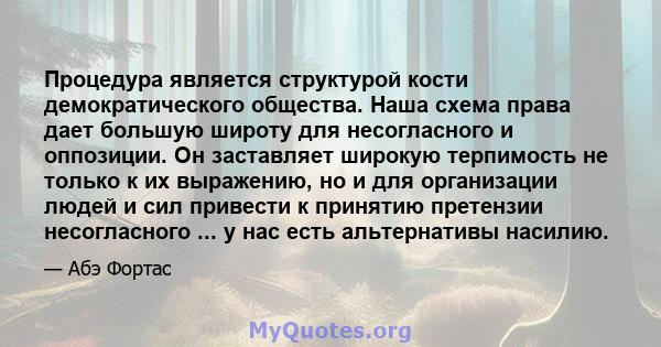 Процедура является структурой кости демократического общества. Наша схема права дает большую широту для несогласного и оппозиции. Он заставляет широкую терпимость не только к их выражению, но и для организации людей и