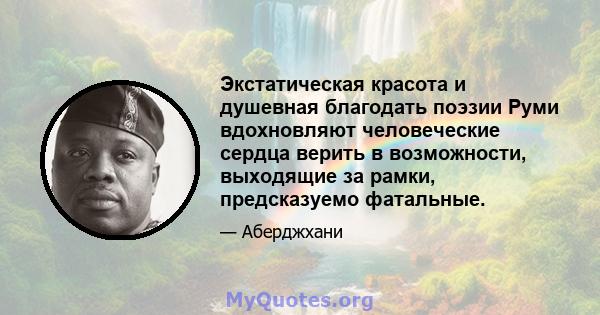 Экстатическая красота и душевная благодать поэзии Руми вдохновляют человеческие сердца верить в возможности, выходящие за рамки, предсказуемо фатальные.