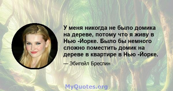 У меня никогда не было домика на дереве, потому что я живу в Нью -Йорке. Было бы немного сложно поместить домик на дереве в квартире в Нью -Йорке.