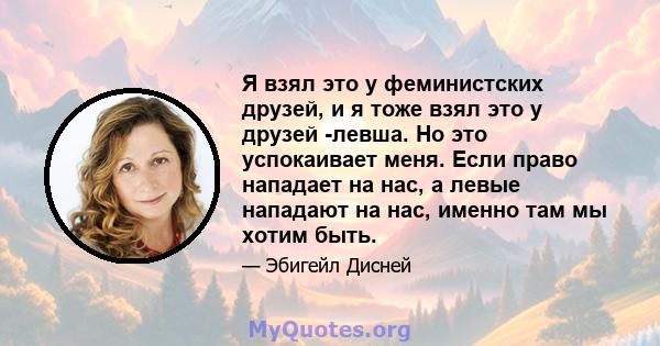 Я взял это у феминистских друзей, и я тоже взял это у друзей -левша. Но это успокаивает меня. Если право нападает на нас, а левые нападают на нас, именно там мы хотим быть.