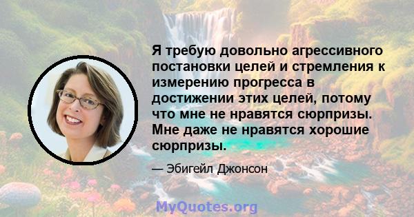 Я требую довольно агрессивного постановки целей и стремления к измерению прогресса в достижении этих целей, потому что мне не нравятся сюрпризы. Мне даже не нравятся хорошие сюрпризы.