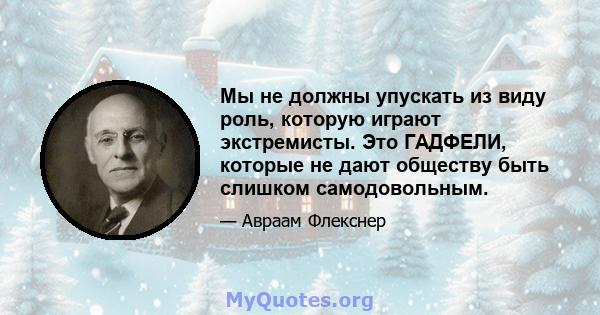 Мы не должны упускать из виду роль, которую играют экстремисты. Это ГАДФЕЛИ, которые не дают обществу быть слишком самодовольным.