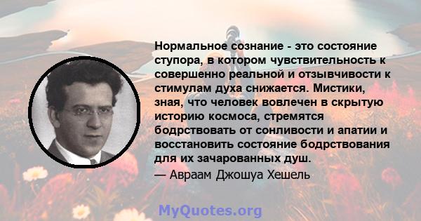 Нормальное сознание - это состояние ступора, в котором чувствительность к совершенно реальной и отзывчивости к стимулам духа снижается. Мистики, зная, что человек вовлечен в скрытую историю космоса, стремятся